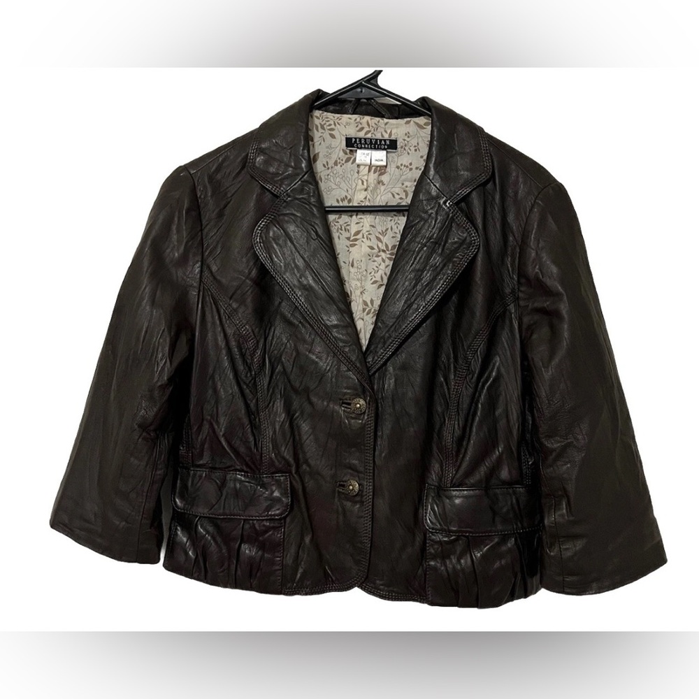 Peruvian Connection Dolce Brown Crop Sleeve 100% Leather Cropped Jacket Size 12